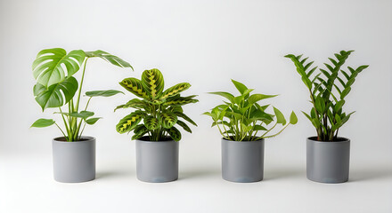 Fototapeta premium Four different potted houseplants lined up on gray surface