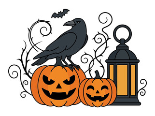 Fototapeta premium Spooky Halloween Vector Clip Art with Jack-o-Lanterns, Raven, and Bat
