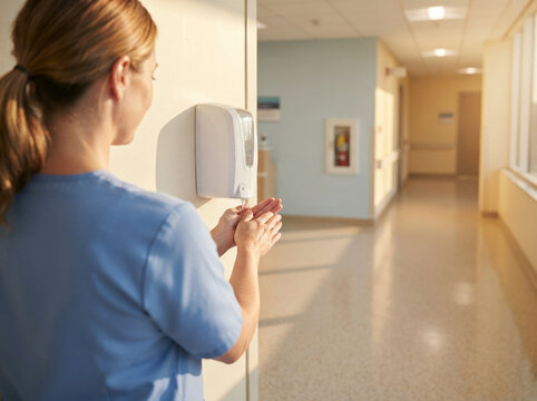 Healthcare worker dispensing sanitizer from a wall mounted dispenser indoors