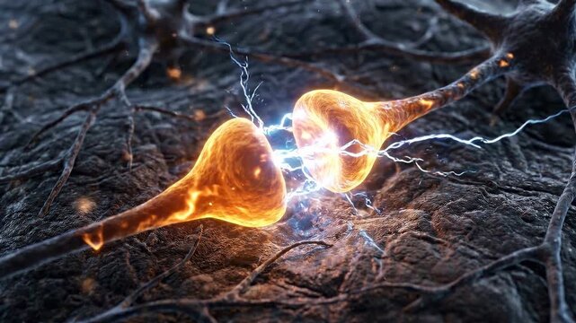 Glowing Amber Synapse Transmitting Electrical Sparks - Dark Brain Tissue and Neuroscience