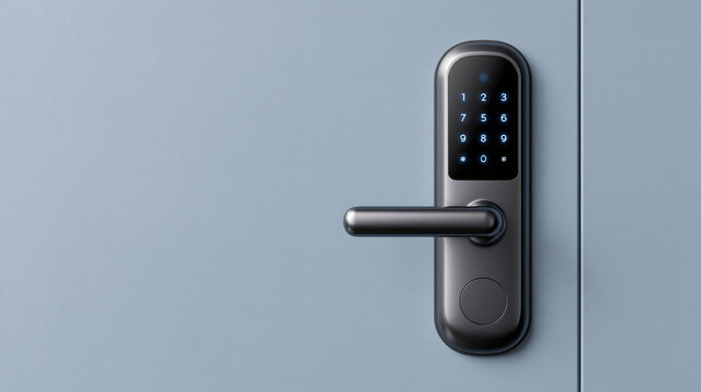 Modern gray smart door lock with a digital keypad for keyless home entry and enhanced security.