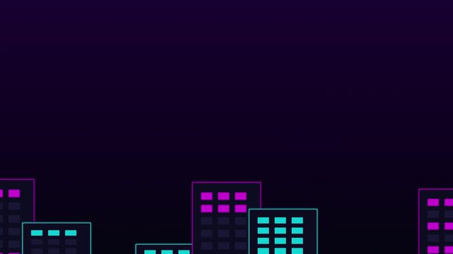 Abstract cyber city skyline background with glowing neon buildings on dark violet gradient