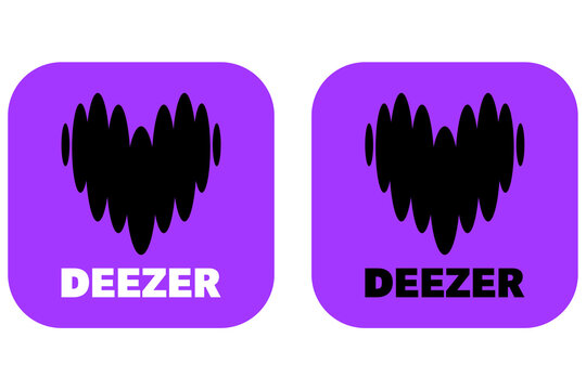 Deezer audio platform modern app icon displaying white soundwave heart shape on purple rounded square button beside standalone violet music brand vector logo design