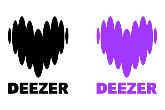 Deezer music brand vector identity set presenting black and purple heart shaped soundwave emblems with bold typography text isolated on clean white minimalist background