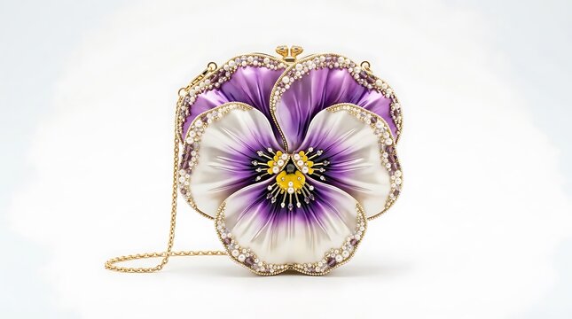 Luxury floral clutch bag featuring purple and white petals with intricate pearl embellishments and a gold chain strap, isolated on a clean white background for high fashion commercial use.