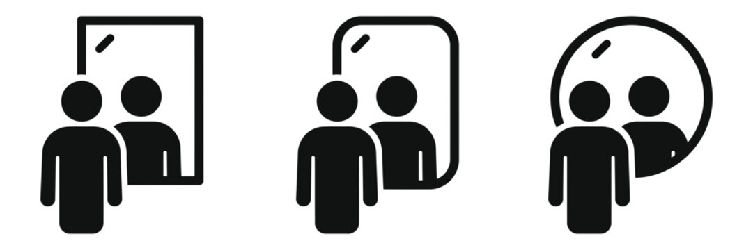 Minimalist mirror reflection icon set, black silhouette person looking in glass, 3 vector symbols for self-care and identity