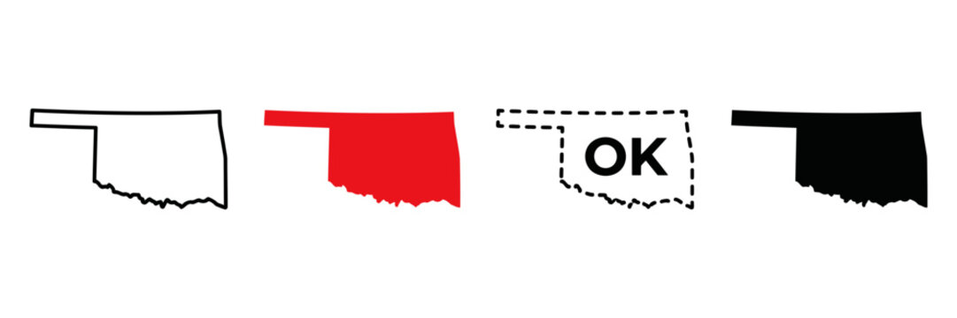 Oklahoma state map vector set, minimalist OK border outlines and solid silhouettes, red and black geographic icons for infographics