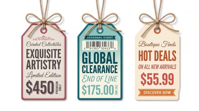 Three hanging retail price tags with promotional text and pricing on white background