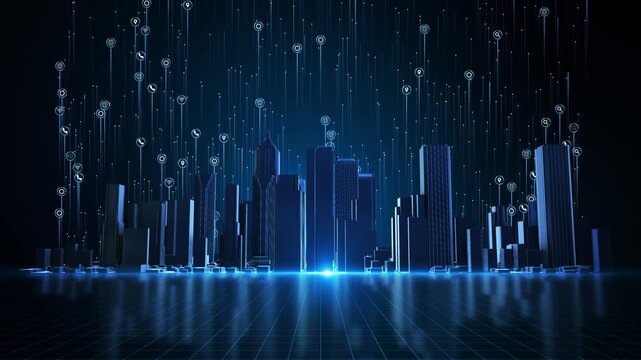 Blue connected city digital service icons, location markers, wireless network signals rising above skyscrapers. , IoT platforms, urban management, mobility, security connected public services.
