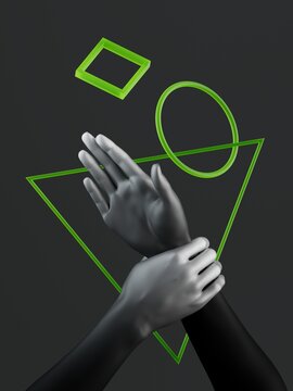 Two hands grasp each other while green geometric shapes float around them against a dark background. Minimalist 3D abstract composition for stage, media, or corporate projects.