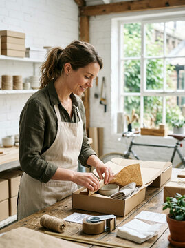 Woman packing ceramic bowl into cardboard box at wooden table in bright craft workshop with vintage