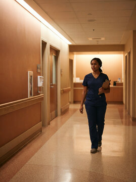 Healthcare worker in dark blue scrubs walking hospital corridor with clipboard and warm terracotta