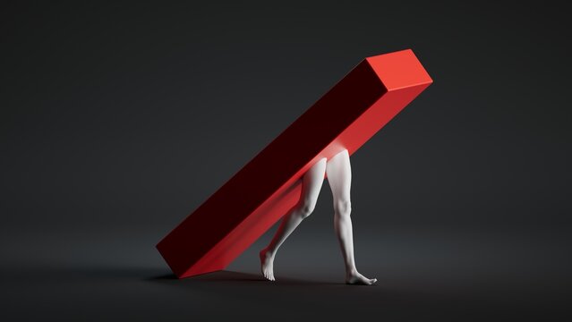 A white figure carries a large red rectangular block on its back against a dark background. 3D render of a surreal abstract sculpture or stage performance.