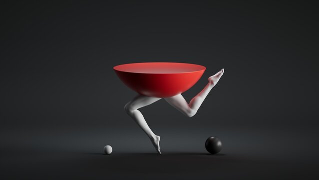 A surreal figure with human legs and a red bowl for a torso runs dynamically across a dark surface, kicking a black sphere.