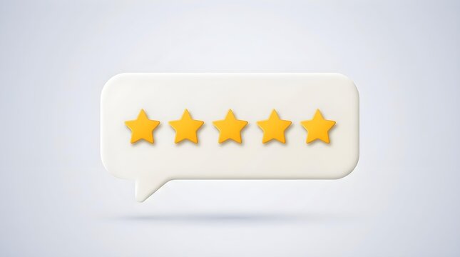 Five star rating icon presented inside a speech bubble representing customer feedback experience in a modern digital glossy style
