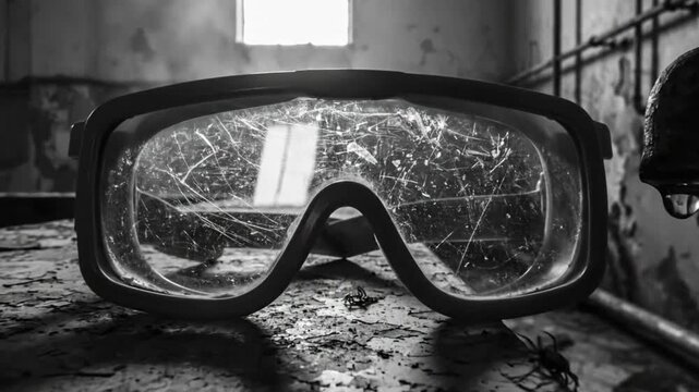 Black and white close up of a pair of safety goggles in a decrepit, abandoned space with atmospheric lighting