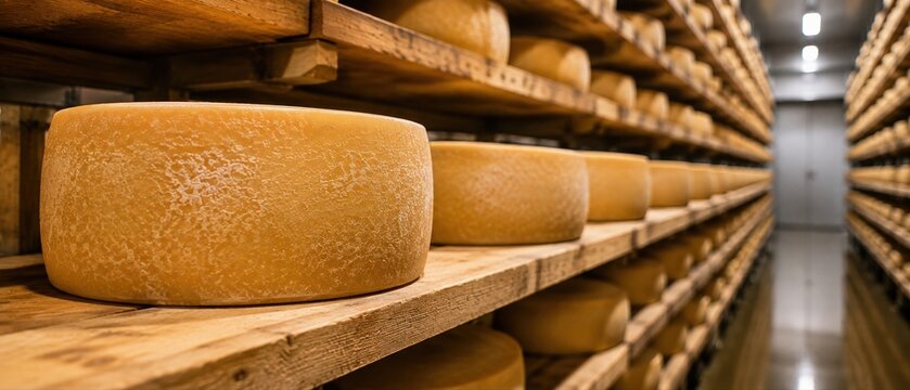 Longues rang&eacute;es de meules de fromage s'affinant sur des &eacute;tag&egrave;res en bois dans une cave traditionnelle. Concept de production laiti&egrave;re et de gastronomie.