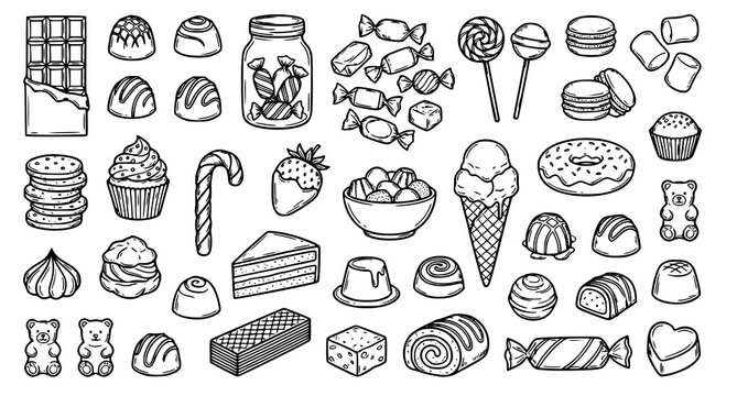 Chocolate Macaroon Marshmallow Candy and Dessert Hand Drawn Doodle Icons
