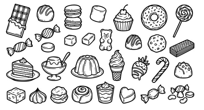 Hand Drawn Sweets Candy Chocolate Macaroon Marshmallow Dessert Doodle Vector Set