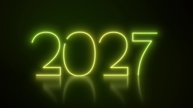 Video animation of abstract neon lights with the numbers 2027 in green and yellow over dark background on a reflective floor - represents the new year - vacation concept.