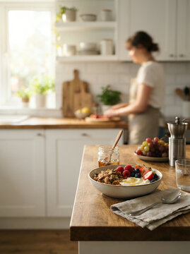 Yogurt bowl with granola berries and peach displayed on a wooden kitchen counter