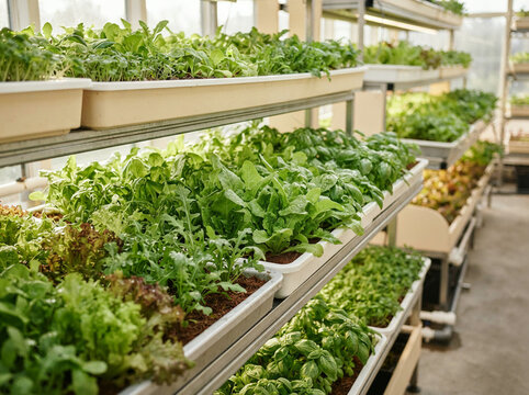 Tiered hydroponic growing system filled with leafy greens in bright greenhouse on metal shelving