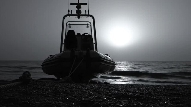 Black and white shot of a dinghy on the beach as the sun sets over the ocean, with the bow tied down