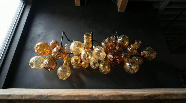 Amber glass orb light fixture suspended from a dark metal frame indoors