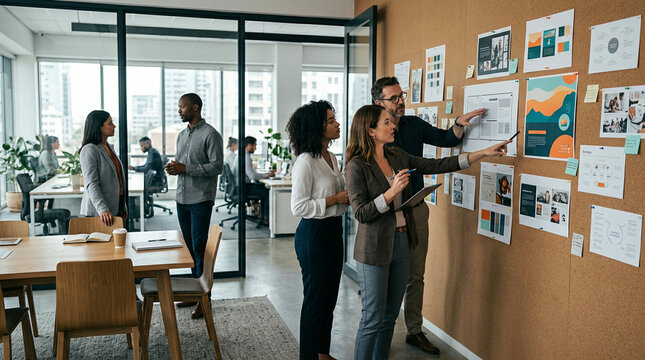 Team of five discussing ideas around a corkboard in a bright open office