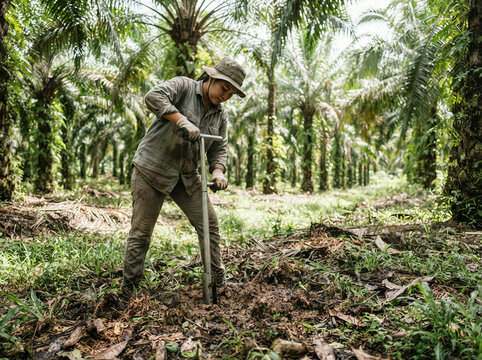 Person using a metal tool to work soil among rows of palm trees outdoors