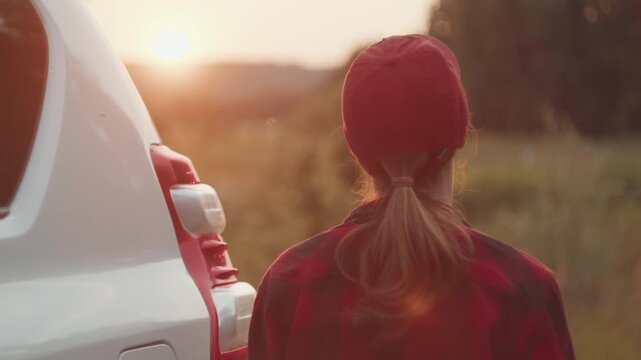 Young woman stands by the big 4x4 off road car and watches sunset in the wild