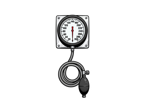 Wall Sphygmomanometer Unit With Detailed Dial Red Pointer Calibration Marks And Connected Hand Pump With Coiled Hose For Clinical Blood Pressure Monitoring