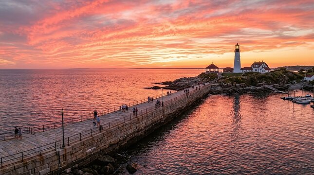 Ocean Pier and Lighthouse at Sunset Landscape Web Banner