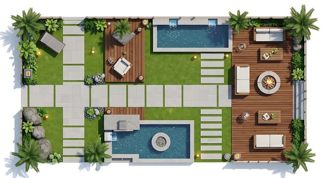 Top view of a modern backyard garden with swimming pools and deck