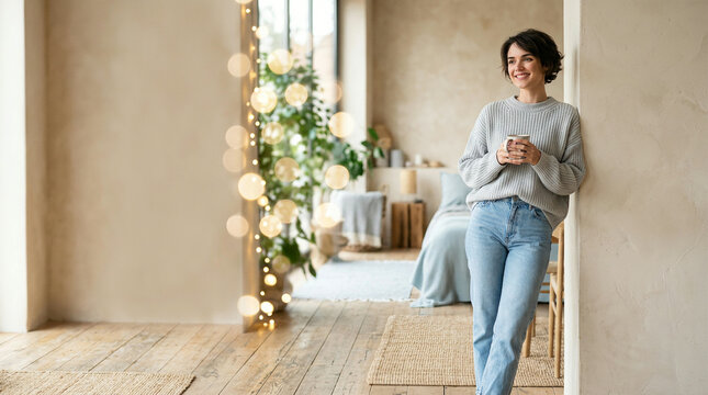 Woman leaning against a wall holding a ceramic mug in a cozy beige interior