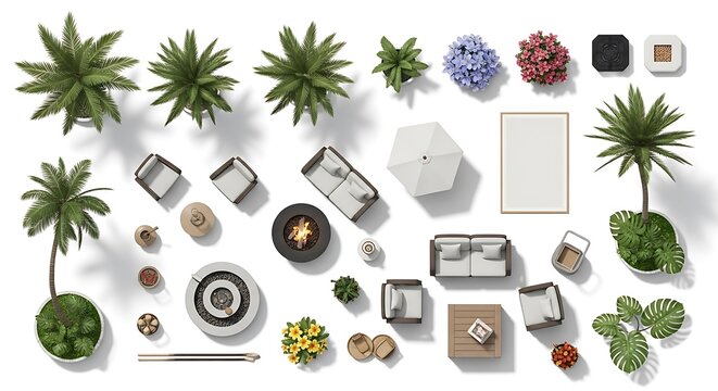 Top view of garden furniture set with tropical plants and trees