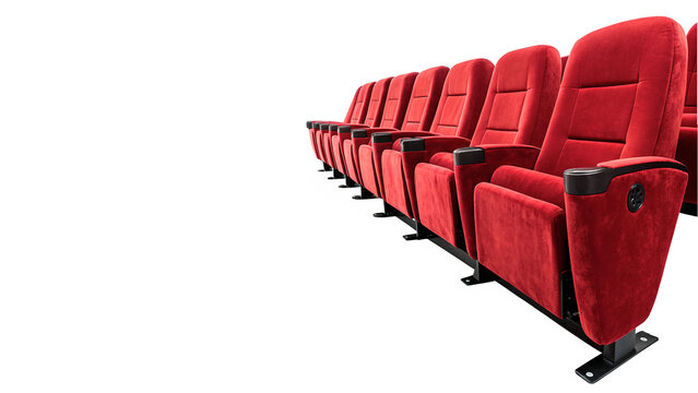 Row of red velvet cinema or theater velvet seats isolated on transparent background.