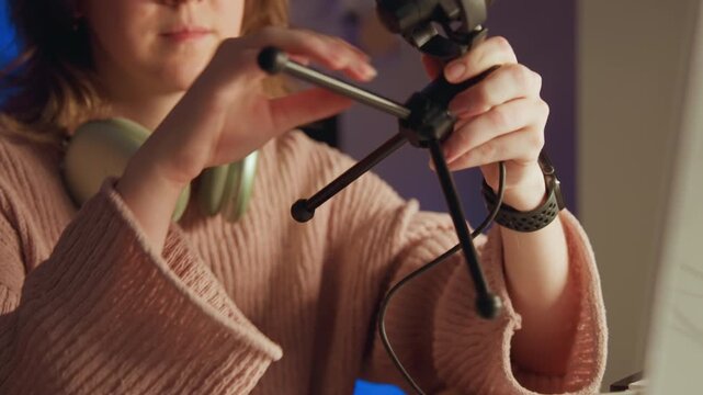 Young woman seated at desk prepares desktop microphone for recording, tightening swivel arm and securing shock mount while headphones rest nearby and warm monitor light creates focused home studio