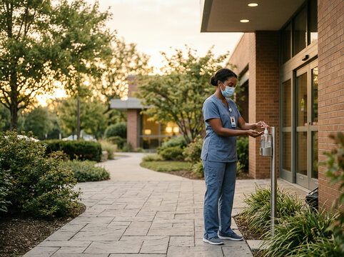 Masked healthcare worker using a hand sanitizer dispenser outside a brick building