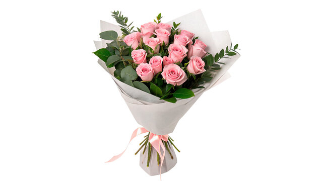 Bouquet of fresh pink roses wrapped in craft paper isolated on transparent background.