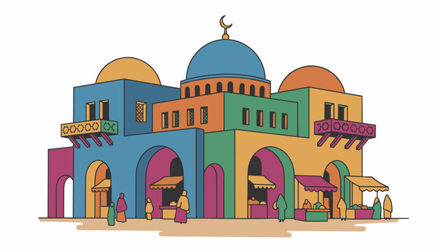 Beautiful stylized drawing of an oriental bazaar market around a colorful mosque with domes, balconies and pedestrian figures.