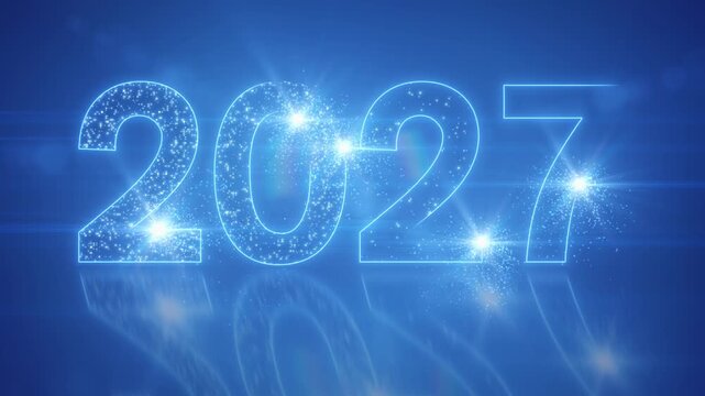 Video animation of abstract neon lights with the numbers 2027 in blue and magenta over dark background on a reflective floor - represents the new year - vacation concept.
