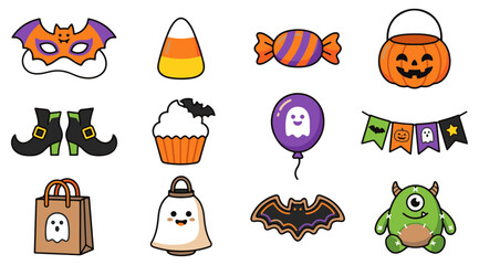 Fototapeta premium Cute Kawaii Halloween Vector Icons Set with Mask, Candy, Pumpkin Basket, Ghost, and Monster Elements.
