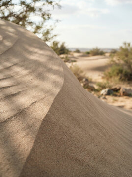 Curving sand dune crosses a dry rocky landscape beneath a pale blue horizon