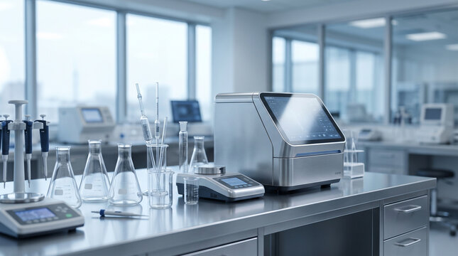 Modern laboratory bench with glass erlenmeyer flasks pipettes and scientific equipment in medical research facility
