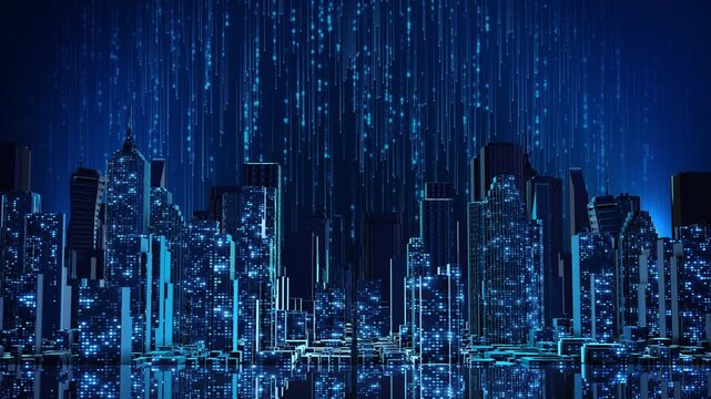Futuristic urban environment vertical binary code digital rain, machine learning, secure information processing. AI, privacy, software development, network defense, cloud systems data science.