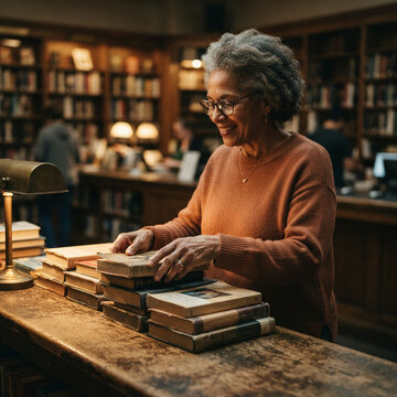 Senior woman examines stacked books beneath a warm brass lamp at a wooden counter