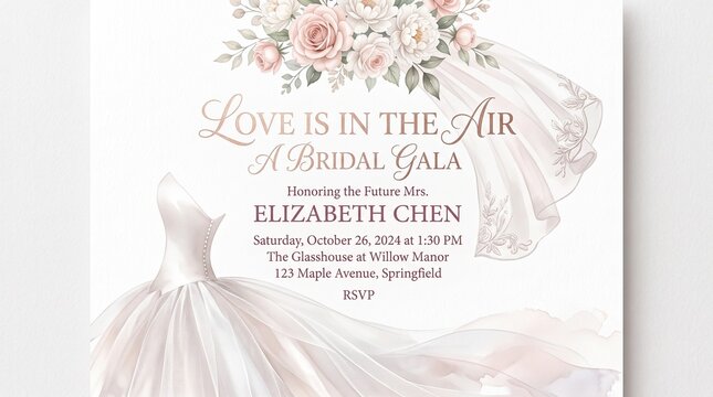 Elegant Bridal Shower Invitation Card Template with Floral Watercolor and Wedding Dress