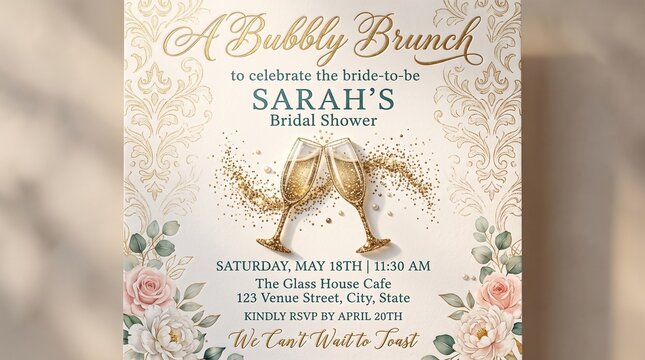 Elegant Bridal Shower Invitation Template with Gold Champagne Flutes and Floral Accents