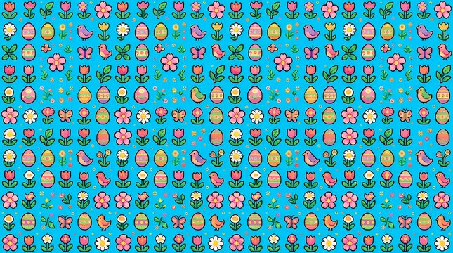 Repeating digital mosaic wallpaper featuring colorful festive spring ornaments rendered in retro video game graphics on an azure field easter egg seamless pattern pixel art painted colorful eggs